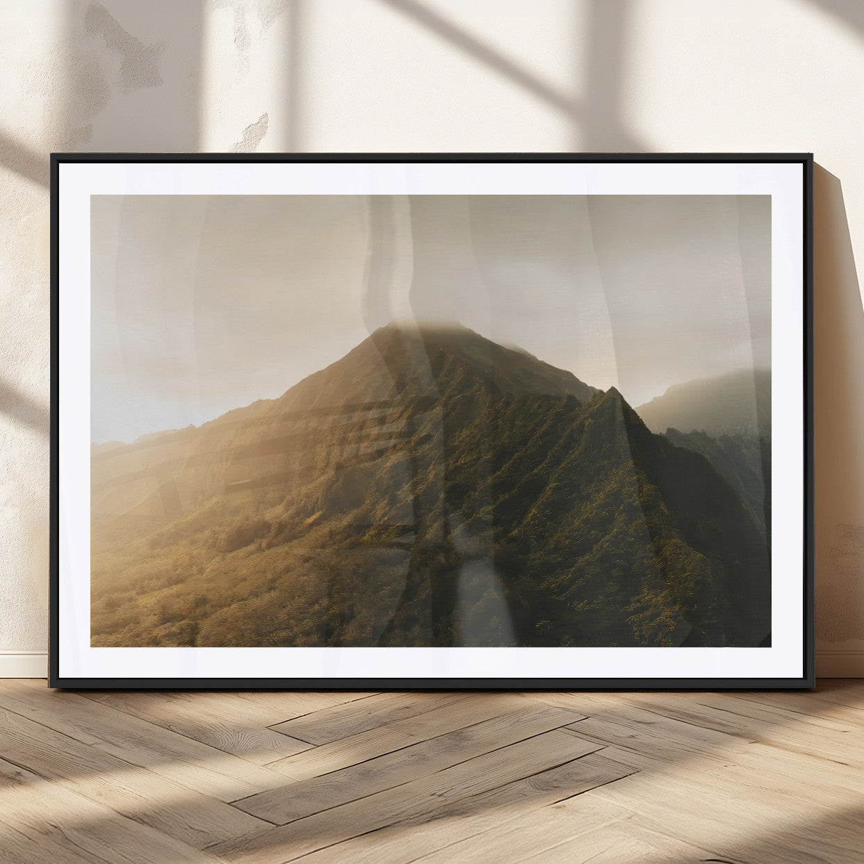42338636-MGC-FP-36x24_Black-Golden Mountain Wall Art Canvas Print, Framed Misty Summit Art Picture Print, Rugged Landscape Perfect Moody Wilderness Decor