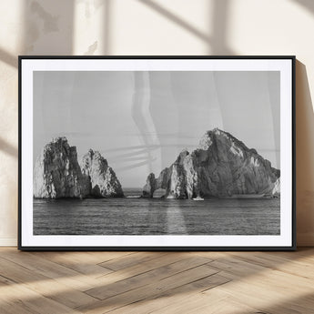 18810731-MGC-FP-36x24_Black-Rugged Coastline Wall Art Canvas Print, Framed Ocean Cliffs Art Picture Print, Monochrome Seascape Perfect Coastal Minimalist