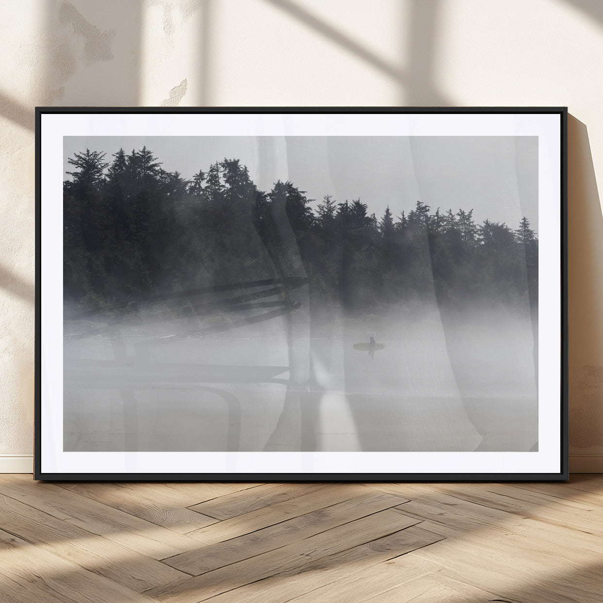 59703275-MGC-FP-36x24_Black-Surfer in Fog Wall Art Canvas Print, Framed Foggy Beach Art Picture Print, Coastal Surf Perfect Moody Coastal Decor Artwork