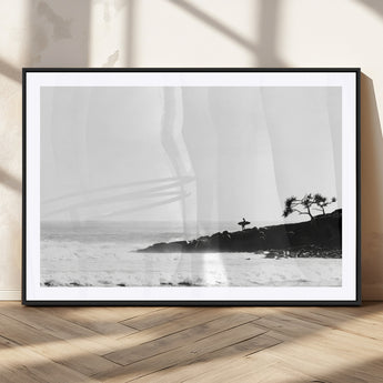 40875891-MGC-FP-36x24_Black-SurferCliffs Wall Art Canvas Print, Framed Black White Beach Art Picture Print, Ocean Waves Perfect Minimalist Coastal Decor