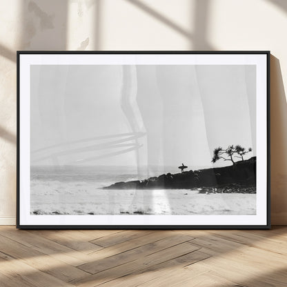 40875891-MGC-FP-36x24_Black-SurferCliffs Wall Art Canvas Print, Framed Black White Beach Art Picture Print, Ocean Waves Perfect Minimalist Coastal Decor