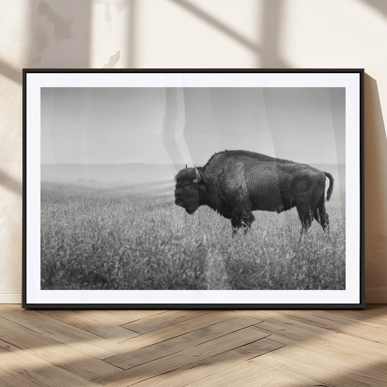 28435251-MGC-FP-36x24_Black-Bison In Prairie Wall Art Canvas Print, Framed Rustic Wildlife Art Picture Print, Wild Buffalo Perfect Rustic Western Decor