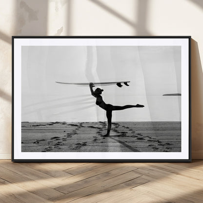 28441356-MGC-FP-36x24_Black-Yoga Surf Wall Art Canvas Print, Framed Black White Shore Art Picture Print, Peaceful Ocean Perfect Minimalist Coastal Decor