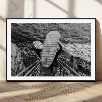 32353707-MGV-CV-36X24-Black White Surfing Wall Art Canvas Print, Framed Coastal Surfing Art Picture Print, Wave Riders Perfect Coastal Adventure Decor