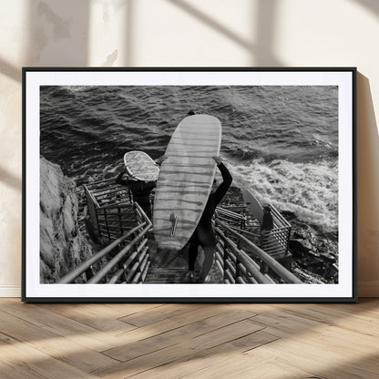 32353707-MGV-CV-36X24-Black White Surfing Wall Art Canvas Print, Framed Coastal Surfing Art Picture Print, Wave Riders Perfect Coastal Adventure Decor