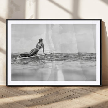 69798068-MGC-FP-36x24_Black-Black White Surfing Wall Art Canvas Print, Framed Ocean Horizon Art Picture Print, Surfer Girl Perfect Coastal Adventure Decor