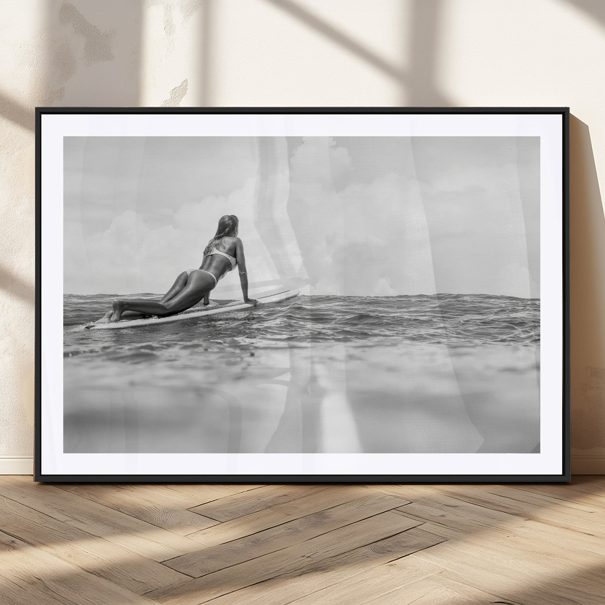 69798068-MGC-FP-36x24_Black-Black White Surfing Wall Art Canvas Print, Framed Ocean Horizon Art Picture Print, Surfer Girl Perfect Coastal Adventure Decor
