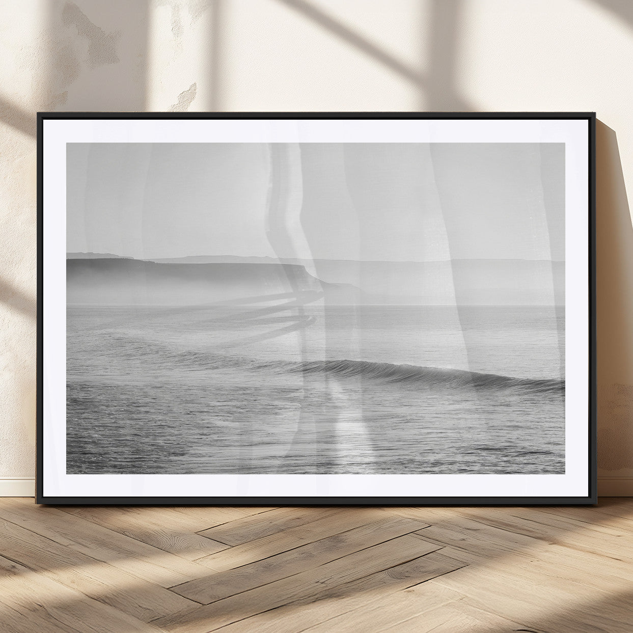 60635783-MGC-FP-36x24_Black-Black White Seascape Wall Art Canvas Print, Framed Ocean Waves Art Picture Print, Misty Coastal Perfect Minimalist Coastal Decor