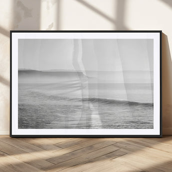 60635783-MGC-FP-36x24_Black-Black White Seascape Wall Art Canvas Print, Framed Ocean Waves Art Picture Print, Misty Coastal Perfect Minimalist Coastal Decor