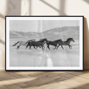 69934913-MGC-FP-36x24_Black-Wild Horses Running Wall Art Canvas Print, Framed Black White Mustangs Art Picture Print, Rustic Western Perfect Rustic Western