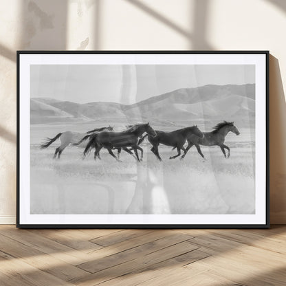 69934913-MGC-FP-36x24_Black-Wild Horses Running Wall Art Canvas Print, Framed Black White Mustangs Art Picture Print, Rustic Western Perfect Rustic Western