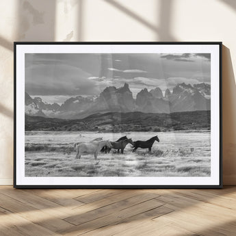 21655040-MGC-FP-36x24_Black-Wild Horses Wall Art Canvas Print, Framed Black White Mountains Art Picture Print, Rustic Countryside Perfect Rustic Western Decor
