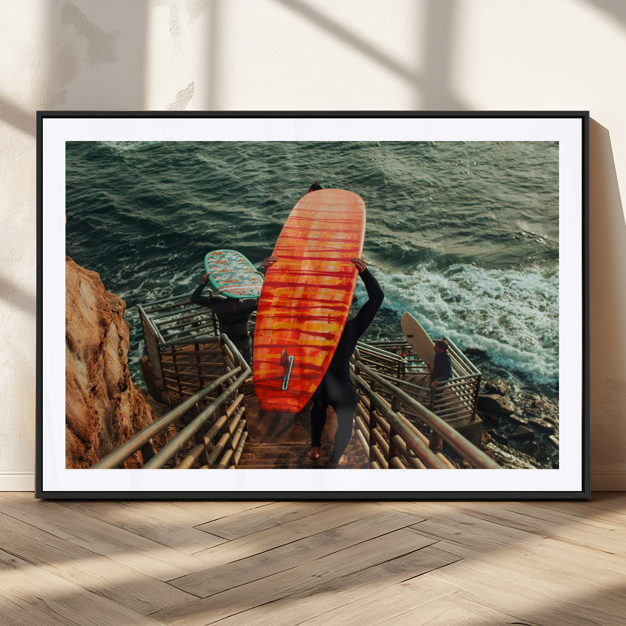 84555848-MGC-FP-36x24_Black-Surfer Stairway Wall Art Canvas Print, Framed Ocean Surf Art Picture Print, Sunset Coastal Perfect Coastal Adventure Decor Artwork