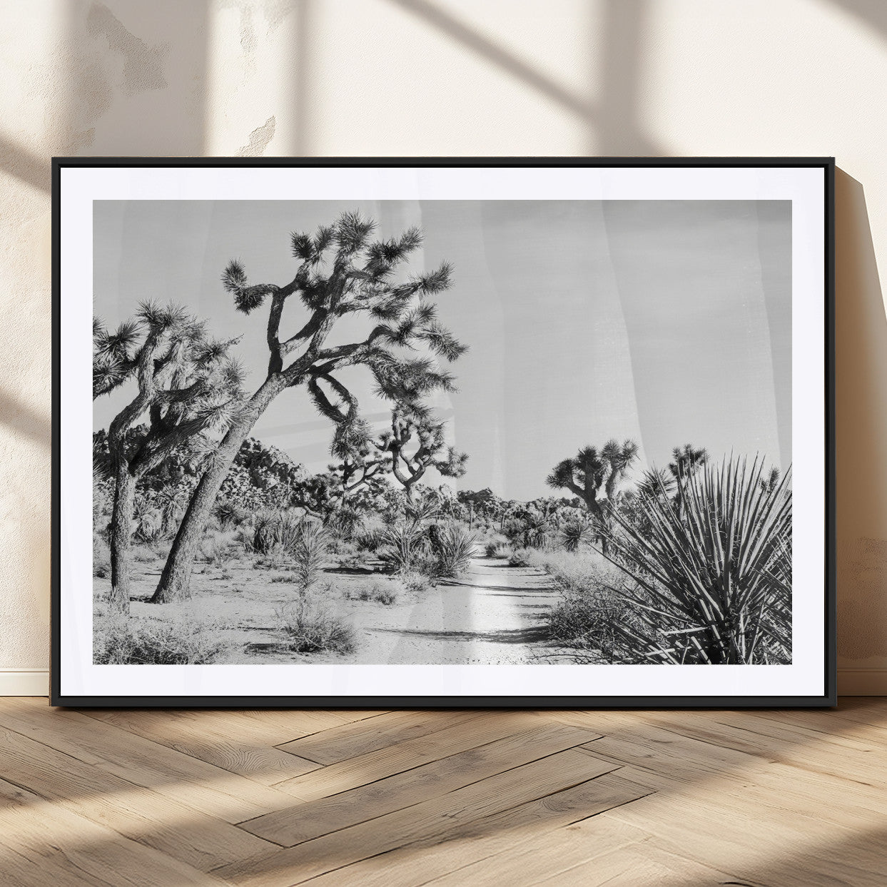 88164251-MGC-FP-36x24_Black-Joshua Tree Wall Art Canvas Print, Framed Desert Path Art Picture Print, Monochrome Desert Perfect Minimalist Desert Decor Artwork