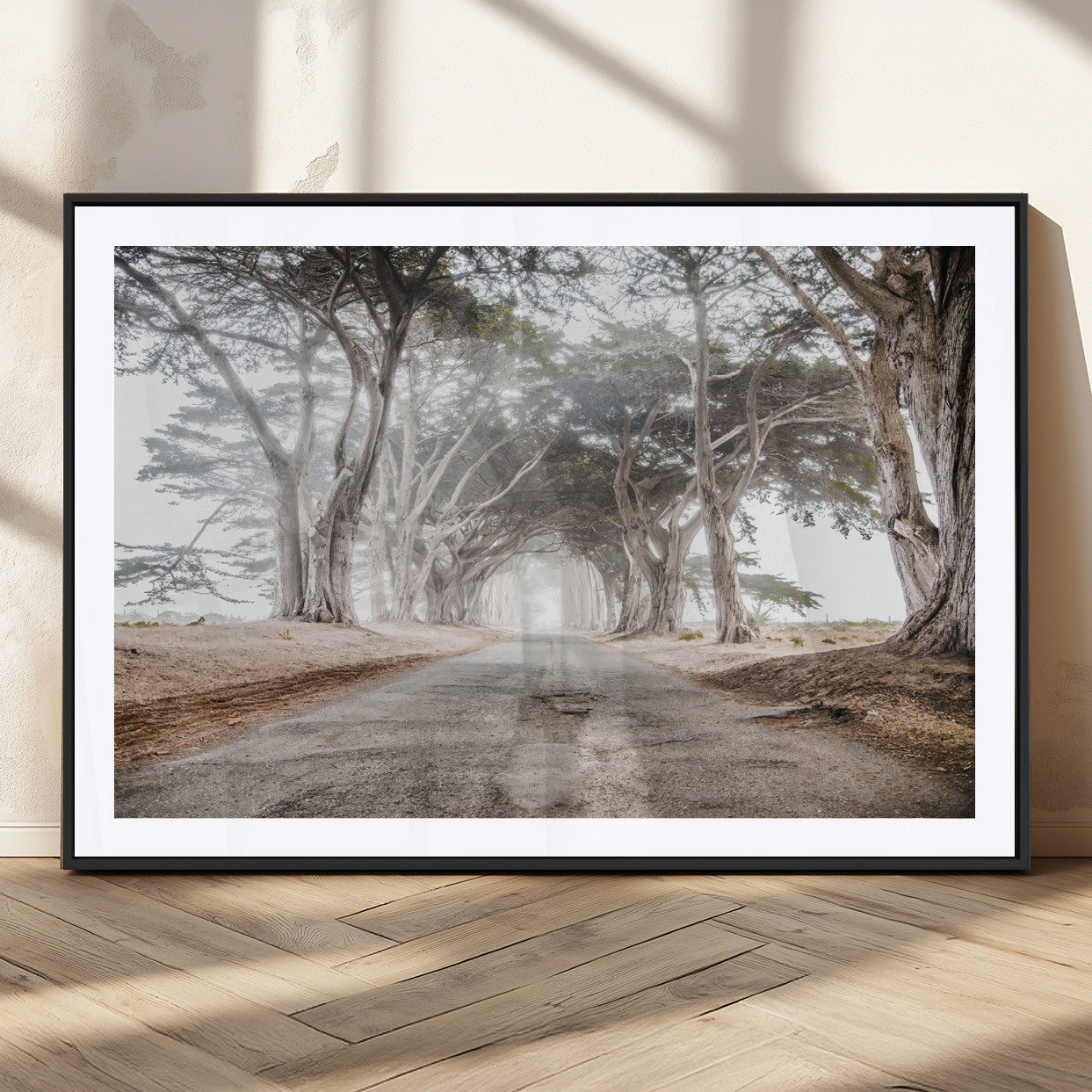 87090469-MGC-FP-36x24_Black-Cypress Tunnel Wall Art Canvas Print, Framed Misty Road Art Picture Print, Foggy Trees Perfect Rustic Woodland Decor Artwork