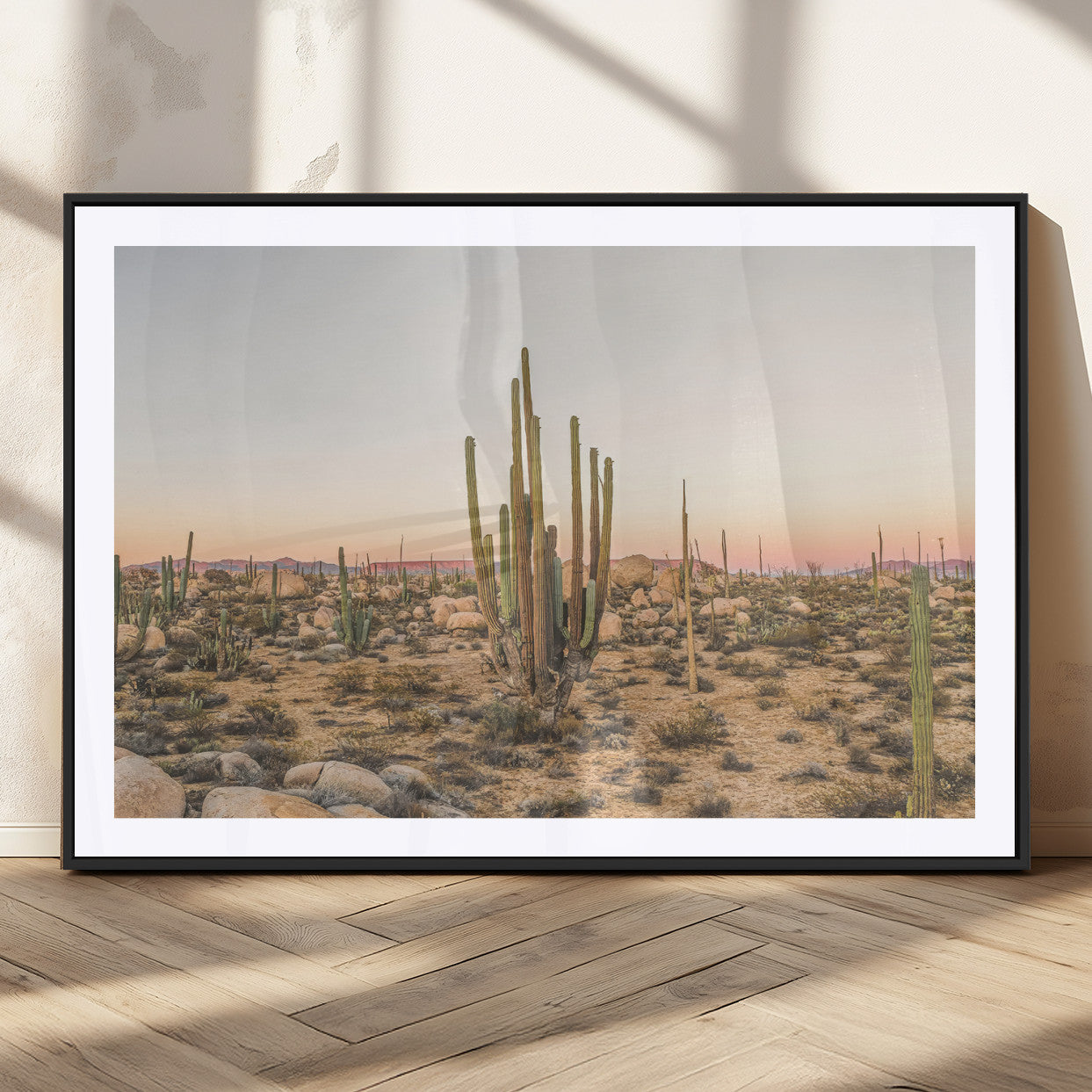 76234974-MGC-FP-36x24_Black-Desert Cactus Wall Art Canvas Print, Framed Baja Desert Art Picture Print, Pastel Desert Perfect Southwestern Boho Decor Artwork