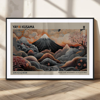 55739266-MGC-FP-36x24_Black-Japanese Wall Art Print – Abstract Yayoi Kusama Inspired Dotted Landscape Poster, Surreal Oriental Mountain and Cherry Blossom