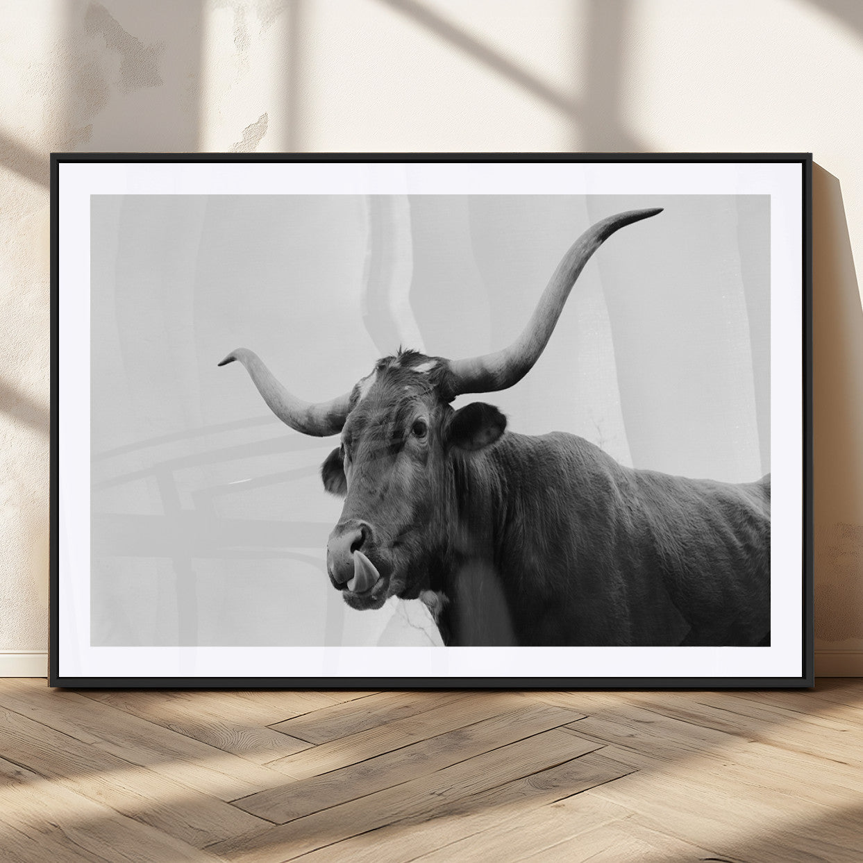 99244177-MGC-FP-36x24_Black-Longhorn Photography Wall Art Canvas Print, Framed Western Cow Decor Art Picture Print, Black White Bull Perfect Modern Rustic