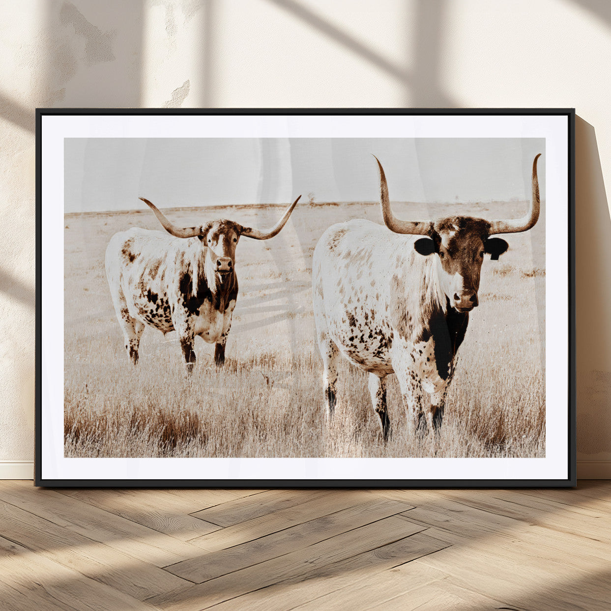 39672786-MGC-FP-36x24_Black-Rustic Cow Scene Wall Art Canvas Print, Framed Farmhouse Style Cattle Art Picture Print, Prairie Animal Duo Perfect Rustic Western