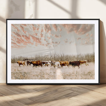43704663-MGC-FP-36x24_Black-Country Cow Herd Wall Art Canvas Print, Framed Farmhouse Cattle Scene Art Picture Print, Rustic Ranch Decor Perfect Rustic