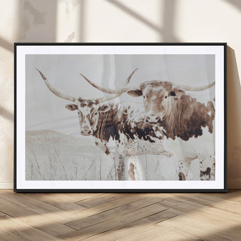 48161868-MGV-CV-36X24-Longhorn Cow Decor Wall Art Canvas Print, Framed Rustic Cattle Art Picture Print, Sepia Western Vibe Perfect Neutral Rustic