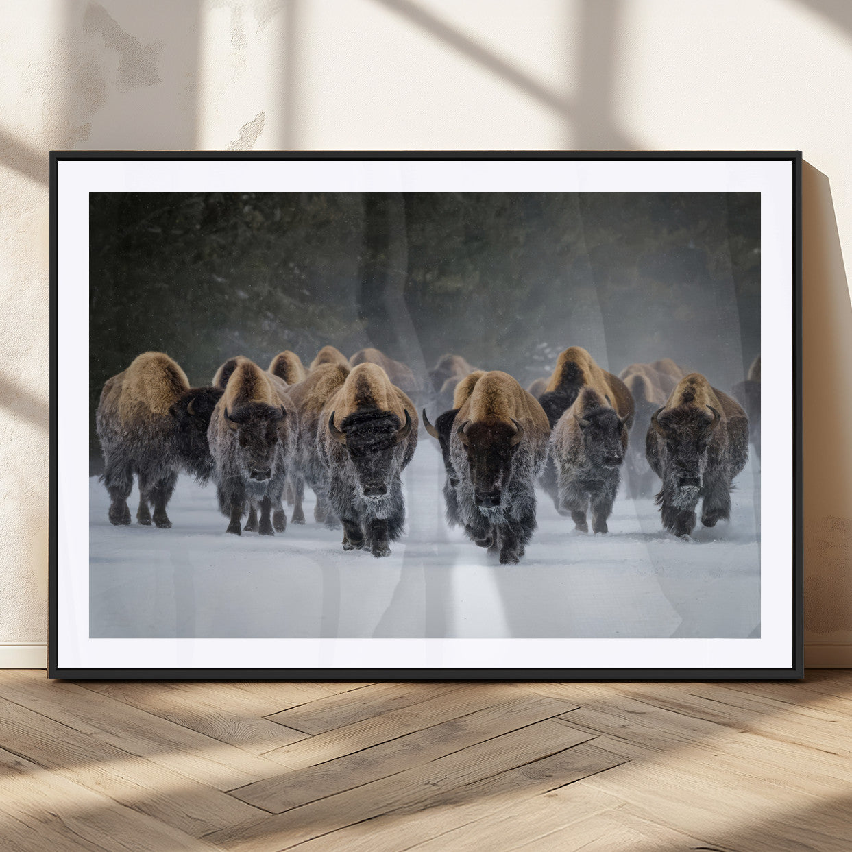 41669135-MGC-FP-36x24_Black-Bison Herd Scene Wall Art Canvas Print, Framed Rustic Wildlife Decor Art Picture Print, Snowy Bison Landscape Perfect Rustic