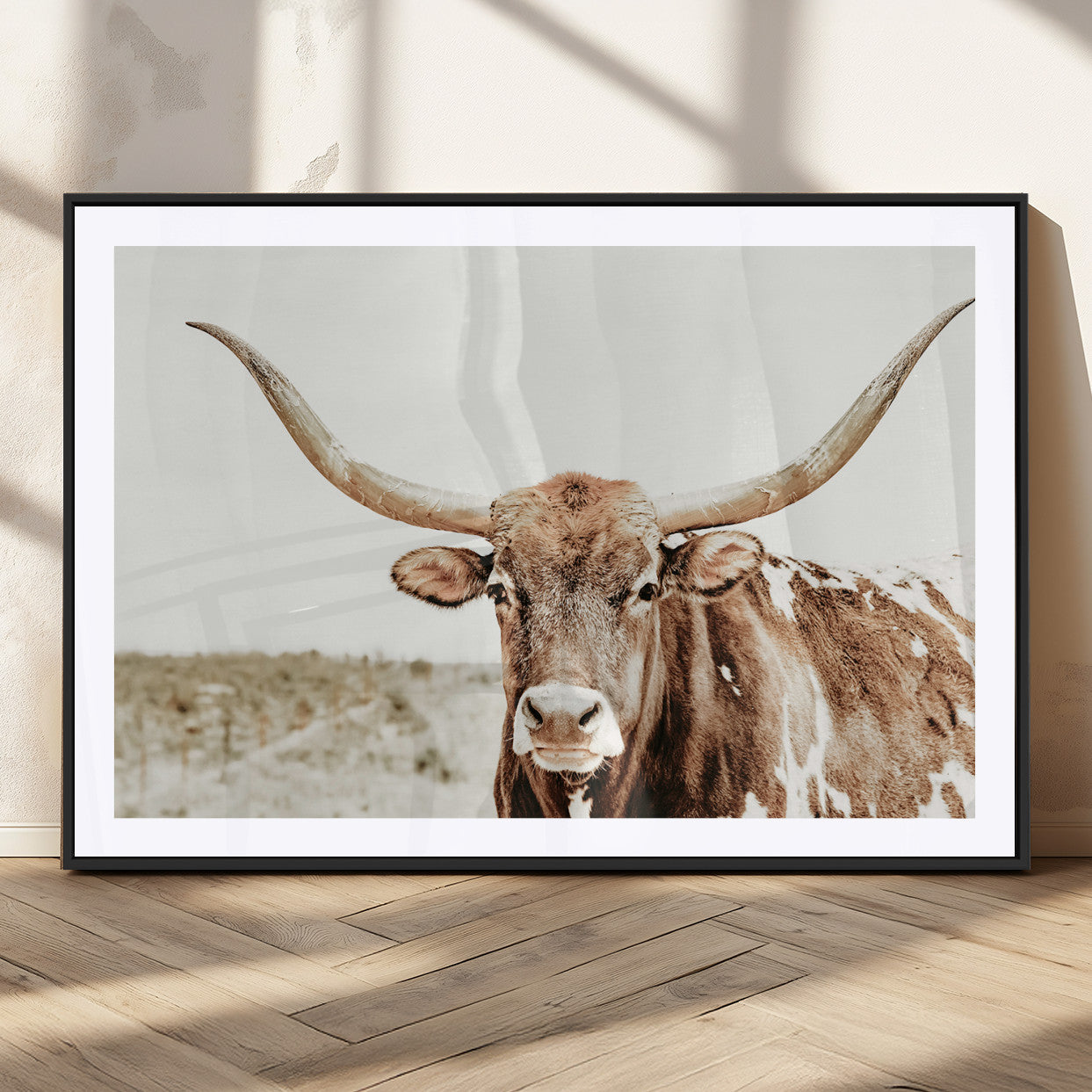 98924580-MGC-FP-36x24_Black-Texas Longhorn Bull Wall Art Canvas Print, Framed Rustic Farmhouse Decor Art Picture Print, Western Animal Theme Perfect Rustic