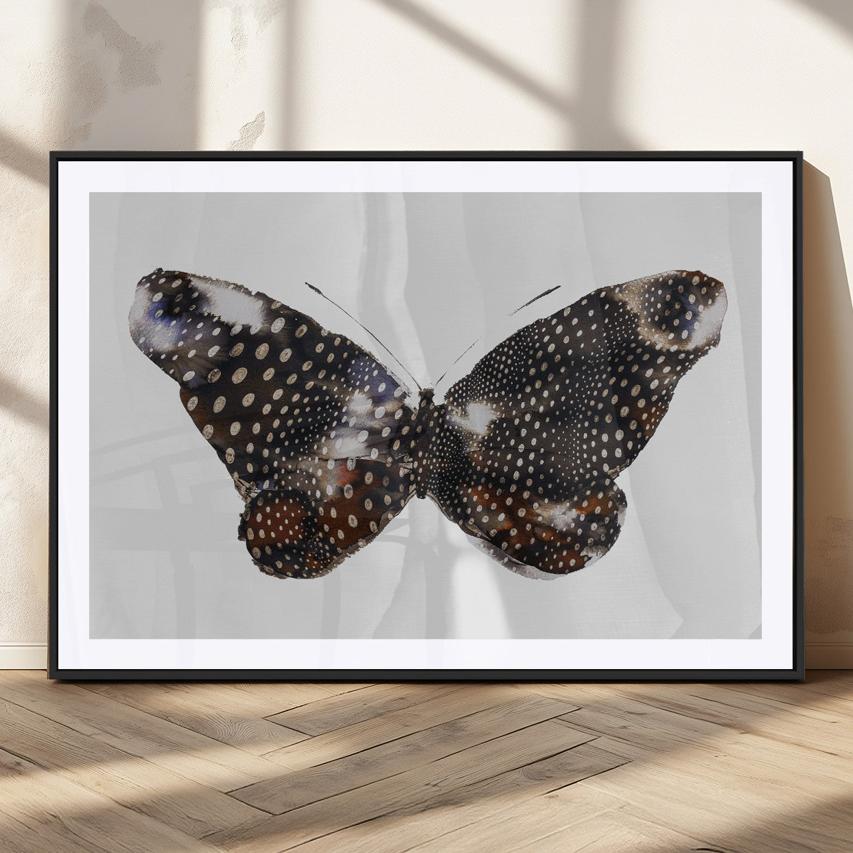 99831147-MGV-CV-36X24-Spotted Butterfly Wall Art Canvas Print, Framed Neutral Insect Theme Art Picture Print, Earthy Wing Pattern Perfect Modern Rustic