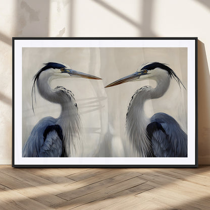 18230556-MGV-CV-36X24-Blue Heron Pair Wall Art Canvas Print, Framed Coastal Bird Theme Art Picture Print, Tranquil Wildlife Scene Perfect Coastal