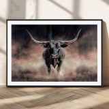71457818-MGC-FP-36x24_Black-Longhorn Wall Art Wall Art Canvas Print, Framed Western Bull Canvas Art Picture Print, Rustic Cow Decor Perfect Western Dramatic