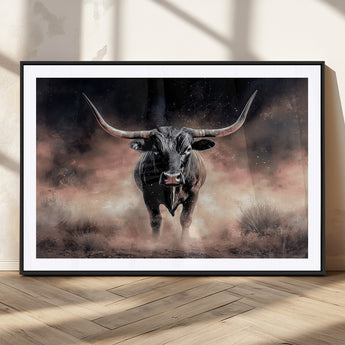 71457818-MGC-FP-36x24_Black-Longhorn Wall Art Wall Art Canvas Print, Framed Western Bull Canvas Art Picture Print, Rustic Cow Decor Perfect Western Dramatic