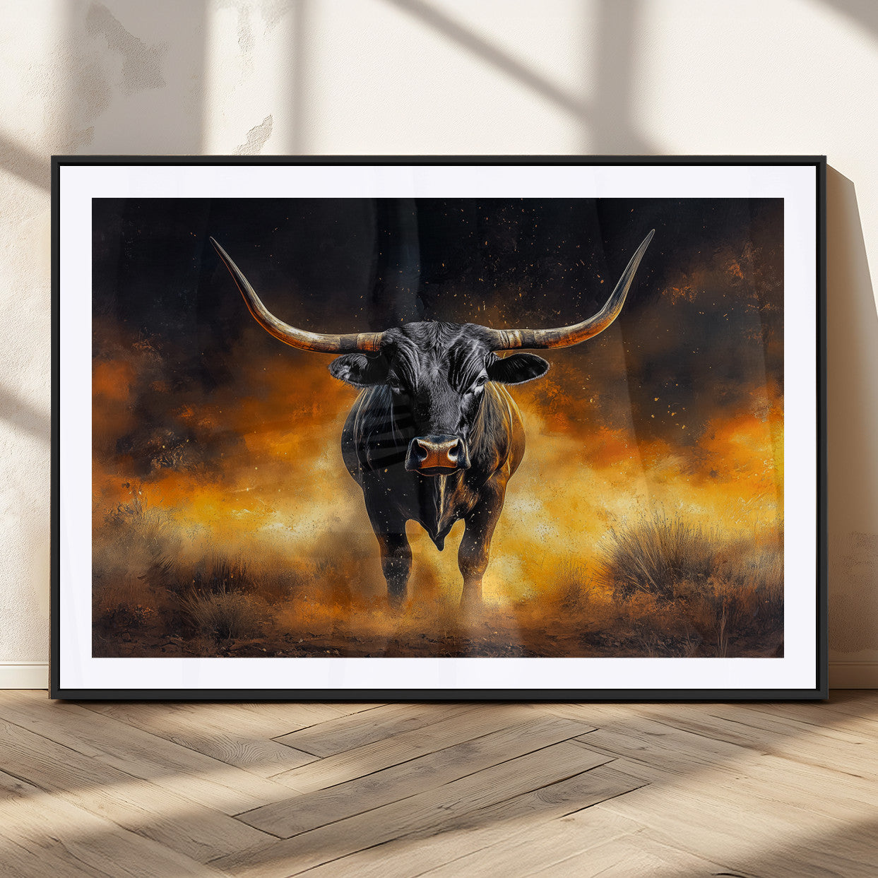 58293979-MGC-FP-36x24_Black-Longhorn Canvas Wall Art Canvas Print, Framed Bold Bull Wall Art Art Picture Print, Western Animal Decor Perfect Western Dramatic
