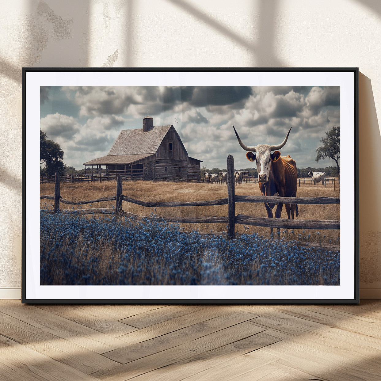 51092814-MGV-CV-36X24-Texas Longhorn Wall Art Wall Art Canvas Print, Framed Rustic Barn Canvas Art Picture Print, Farmhouse Cow Decor Perfect Rustic