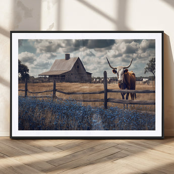 51092814-MGV-CV-36X24-Texas Longhorn Wall Art Wall Art Canvas Print, Framed Rustic Barn Canvas Art Picture Print, Farmhouse Cow Decor Perfect Rustic