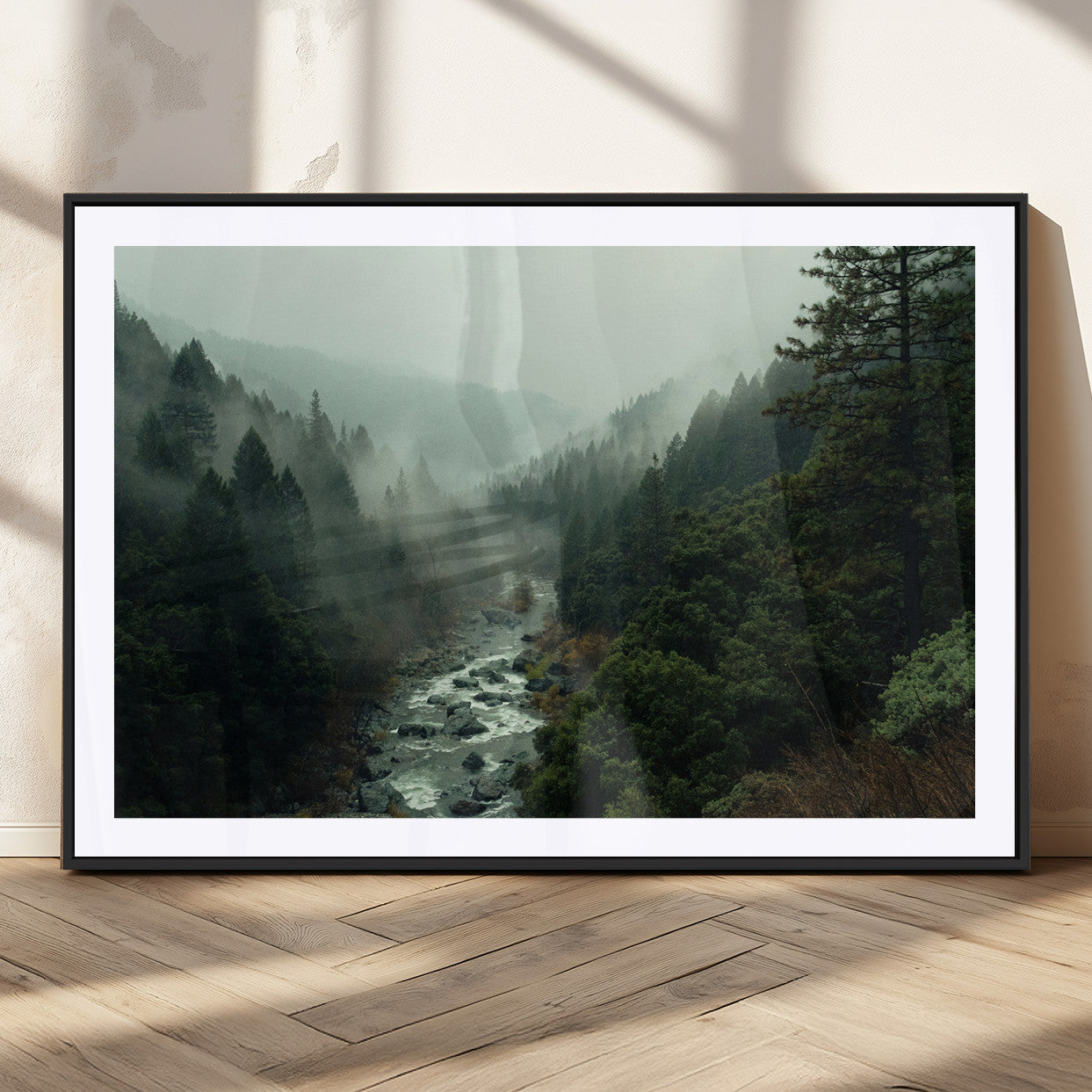 48497565-MGV-CV-36X24-Misty Forest Wall Art Canvas Print, Framed Foggy River Art Picture Print, Moody Landscape Perfect Moody Wilderness Decor Artwork