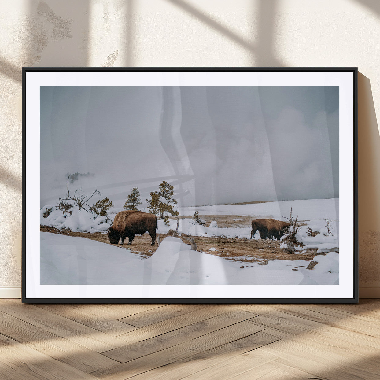 60308289-MGV-CV-36X24-Bison Wildlife Wall Art Canvas Print, Framed Snowy Prairie Art Picture Print, Western Landscape Perfect Rustic Winter Decor