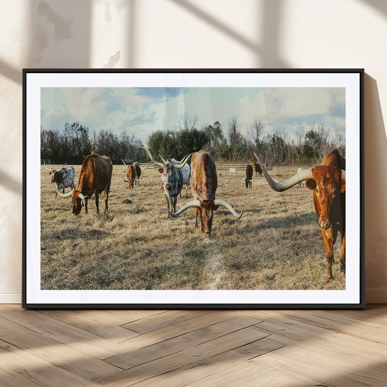39144651-MGC-FP-36x24_Black-Texas Longhorns Wall Art Canvas Print, Framed Rustic Farm Scene Art Picture Print, Western Cattle Perfect Rustic Farmhouse Decor