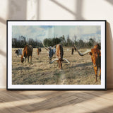 39144651-MGC-FP-36x24_Black-Texas Longhorns Wall Art Canvas Print, Framed Rustic Farm Scene Art Picture Print, Western Cattle Perfect Rustic Farmhouse Decor