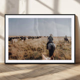 22431577-MGV-CV-36X24-Western Wall Art Wall Art Canvas Print, Framed Cowboy Canvas Art Picture Print, Cattle Drive Scene Perfect Rustic Western Decor