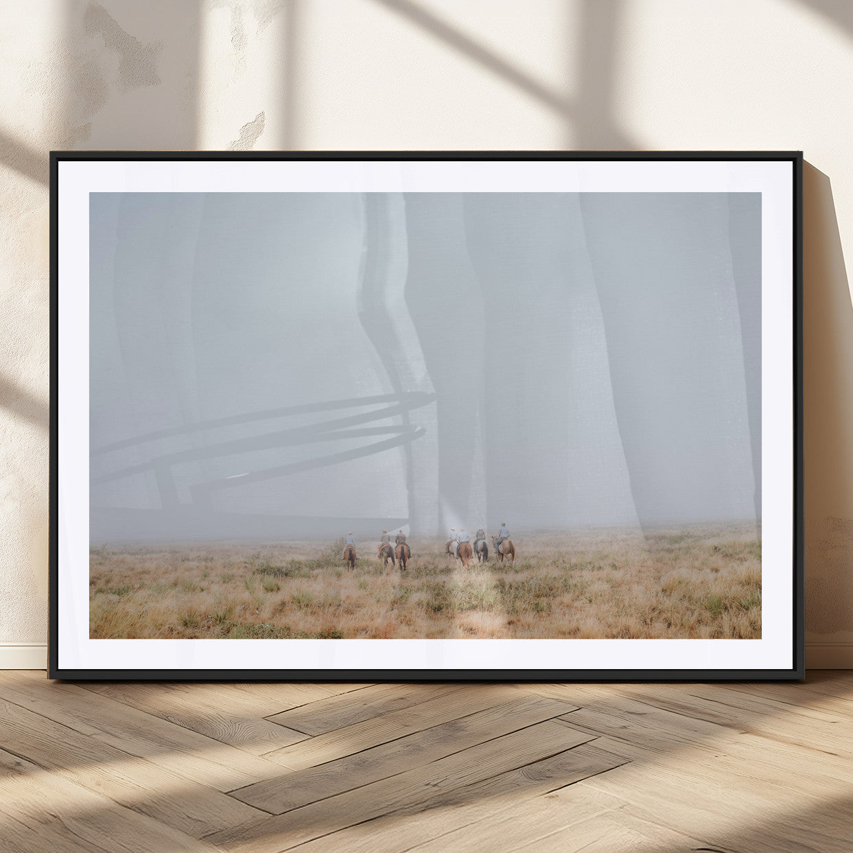 14761944-MGV-CV-36X24-Foggy Plains Wall Art Canvas Print, Framed Horseback Riders Art Picture Print, Rustic Western Perfect Rustic Western Decor Artwork