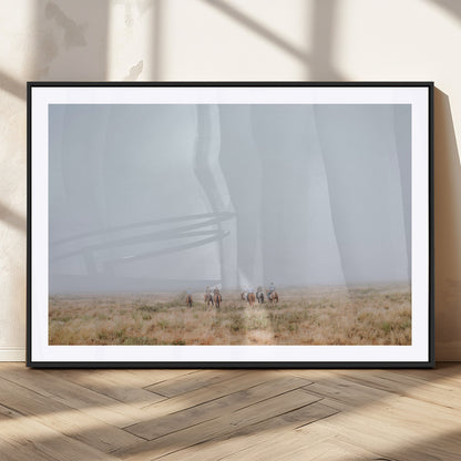 14761944-MGV-CV-36X24-Foggy Plains Wall Art Canvas Print, Framed Horseback Riders Art Picture Print, Rustic Western Perfect Rustic Western Decor Artwork