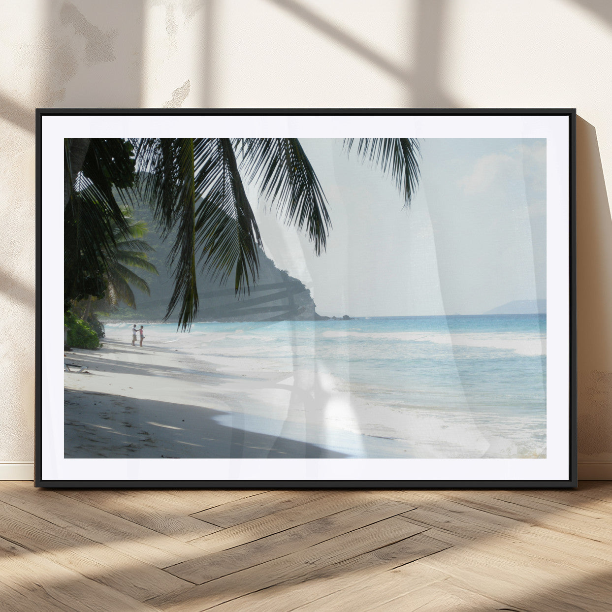 18311030-MGV-CV-36X24-Tropical Beach Wall Art Canvas Print, Framed Serene Ocean Art Picture Print, Palm Tree Shadows Perfect Tropical Coastal Decor