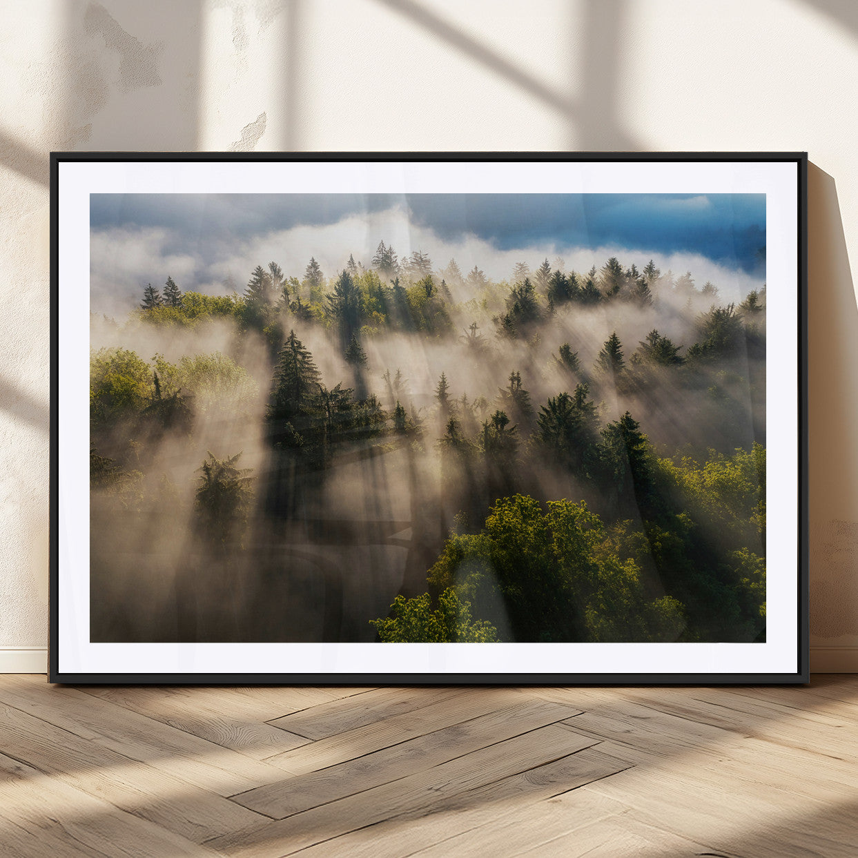 14785710-MGV-CV-36X24-Tranquil Forest Scene Wall Art Canvas Print, Framed Sunbeam Through Trees Art Picture Print, Moody Green Wall Art Perfect