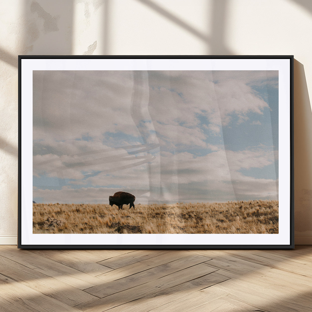 22754563-MGV-CV-36X24-Earthy Tones Wall Art Canvas Print, Framed Rustic Nature Art Picture Print, Solitary Buffalo Perfect Western Minimalist Decor