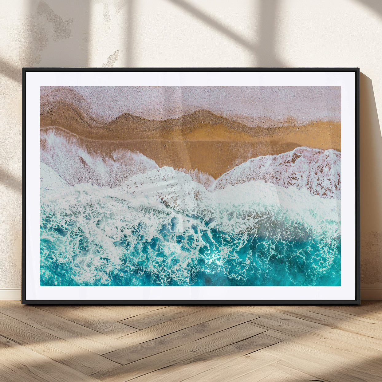26870666-MGC-FP-36x24_Black-Aerial Beach Wall Art Canvas Print, Framed Ocean Waves Art Picture Print, Coastal Landscape Perfect Coastal Minimalist Decor