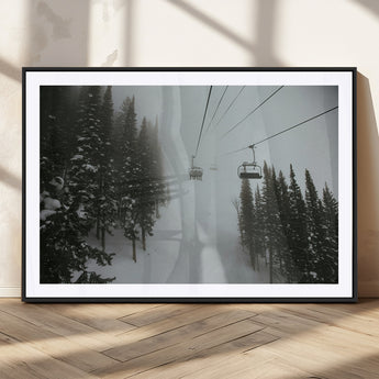 87018452-MGV-CV-36X24-Ski Lift Wall Art Canvas Print, Framed Snowy Pines Art Picture Print, Misty Landscape Perfect Winter Serenity Decor Artwork