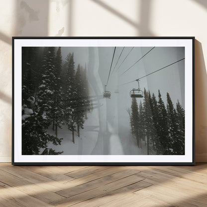87018452-MGV-CV-36X24-Ski Lift Wall Art Canvas Print, Framed Snowy Pines Art Picture Print, Misty Landscape Perfect Winter Serenity Decor Artwork