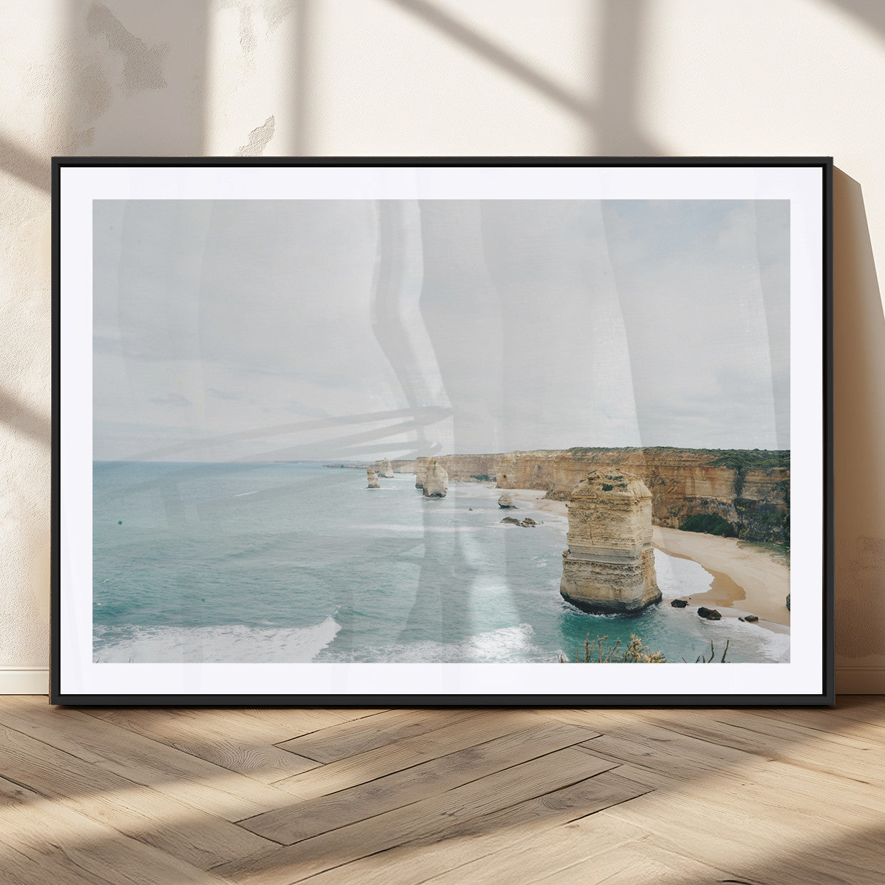70095633-MGC-FP-36x24_Black-Twelve Apostles Wall Art Canvas Print, Framed Coastal Cliffs Art Picture Print, Rugged Rock Formations Perfect Minimalist Coastal