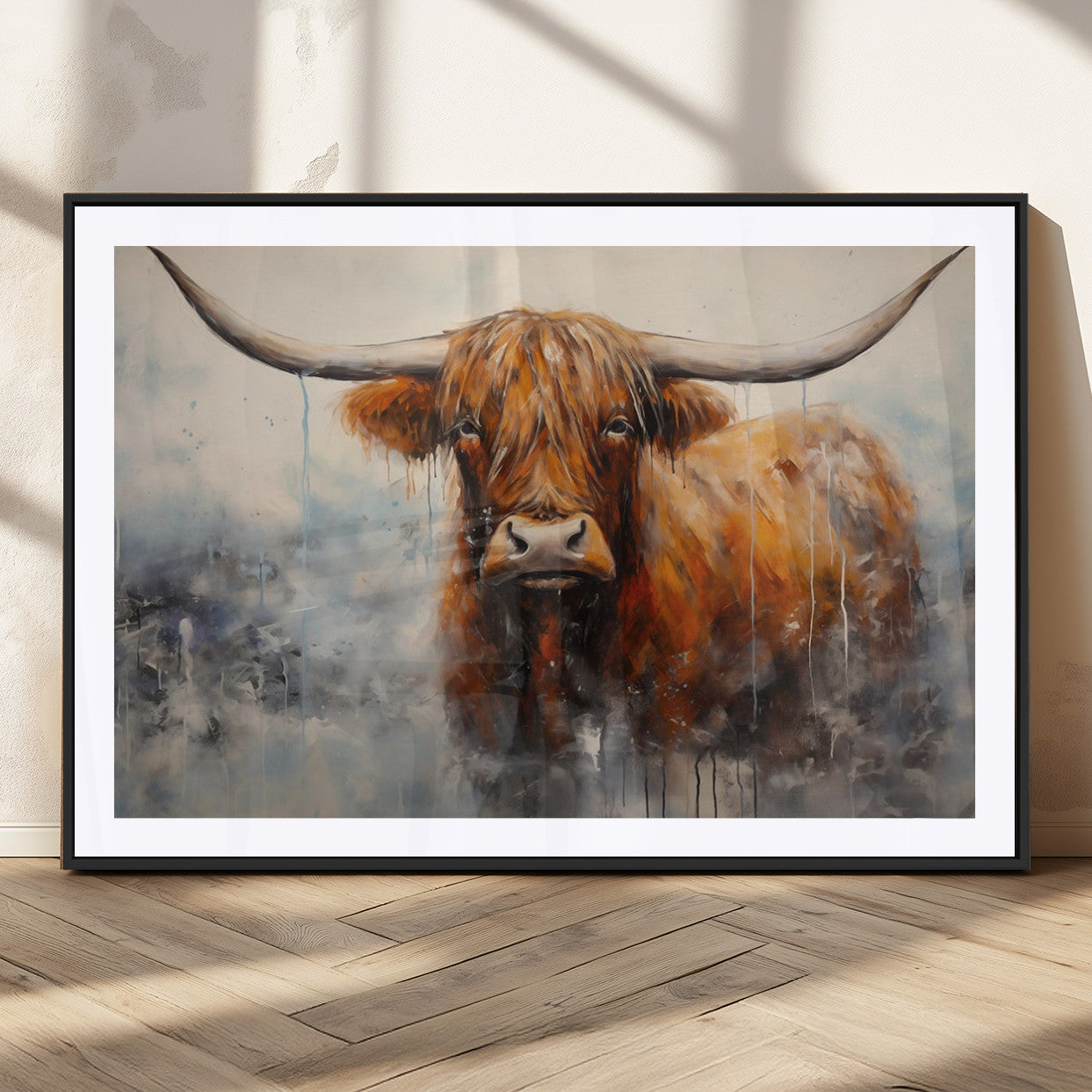 X61001-MGC-FP-36x24_Black-Scottish Highland Wall Art Canvas Print, Framed Longhorn Art Picture Print, Western Cow Perfect Farmhouse Decor Artwork