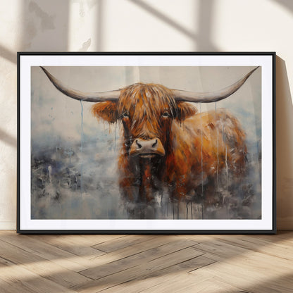 X61001-MGC-FP-36x24_Black-Scottish Highland Wall Art Canvas Print, Framed Longhorn Art Picture Print, Western Cow Perfect Farmhouse Decor Artwork